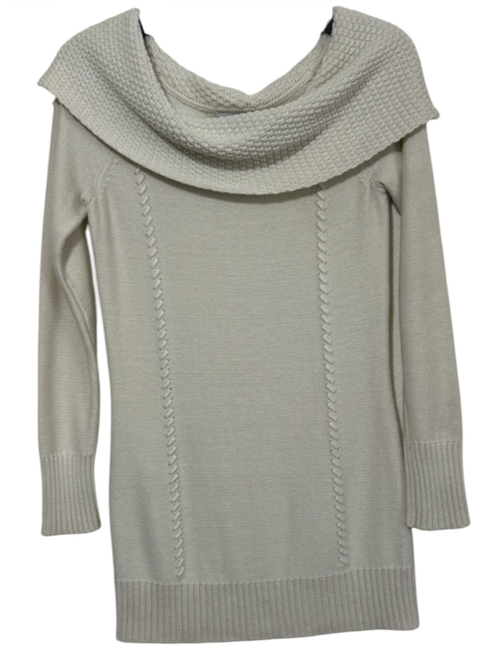 Caché Women’s Small Off-The-Shoulder Cowl Neck Sweater Tunic Cream Knit Long Sle